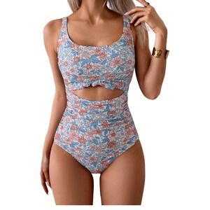 Eomenie Womens Floral Cutout One Piece Swimsuit Ruched High Waist Blue Coral L